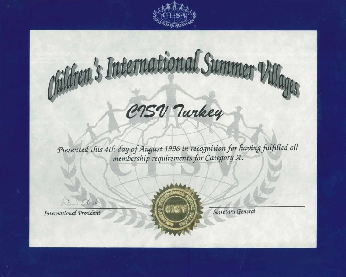 4 Ağustos 1996 tarihli CISV Turkey Category A üyelik belgesi